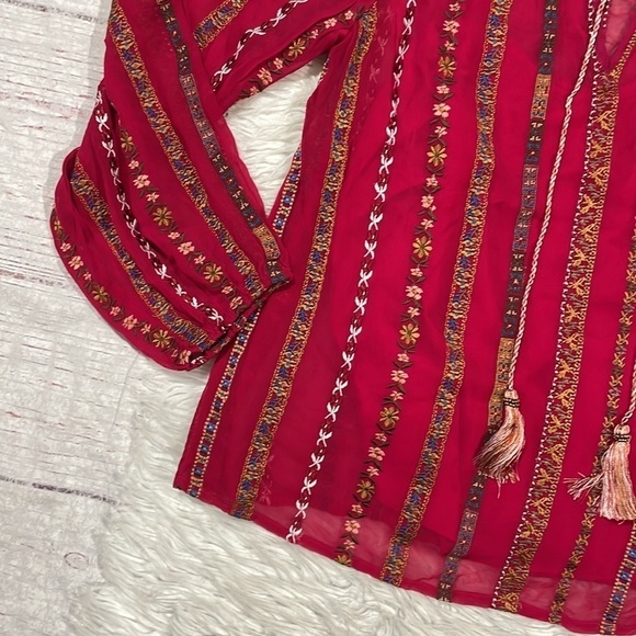 NWT Sundance Red Embroidered Tassel Tie Peasant Blouse Petite - Picture 3 of 11